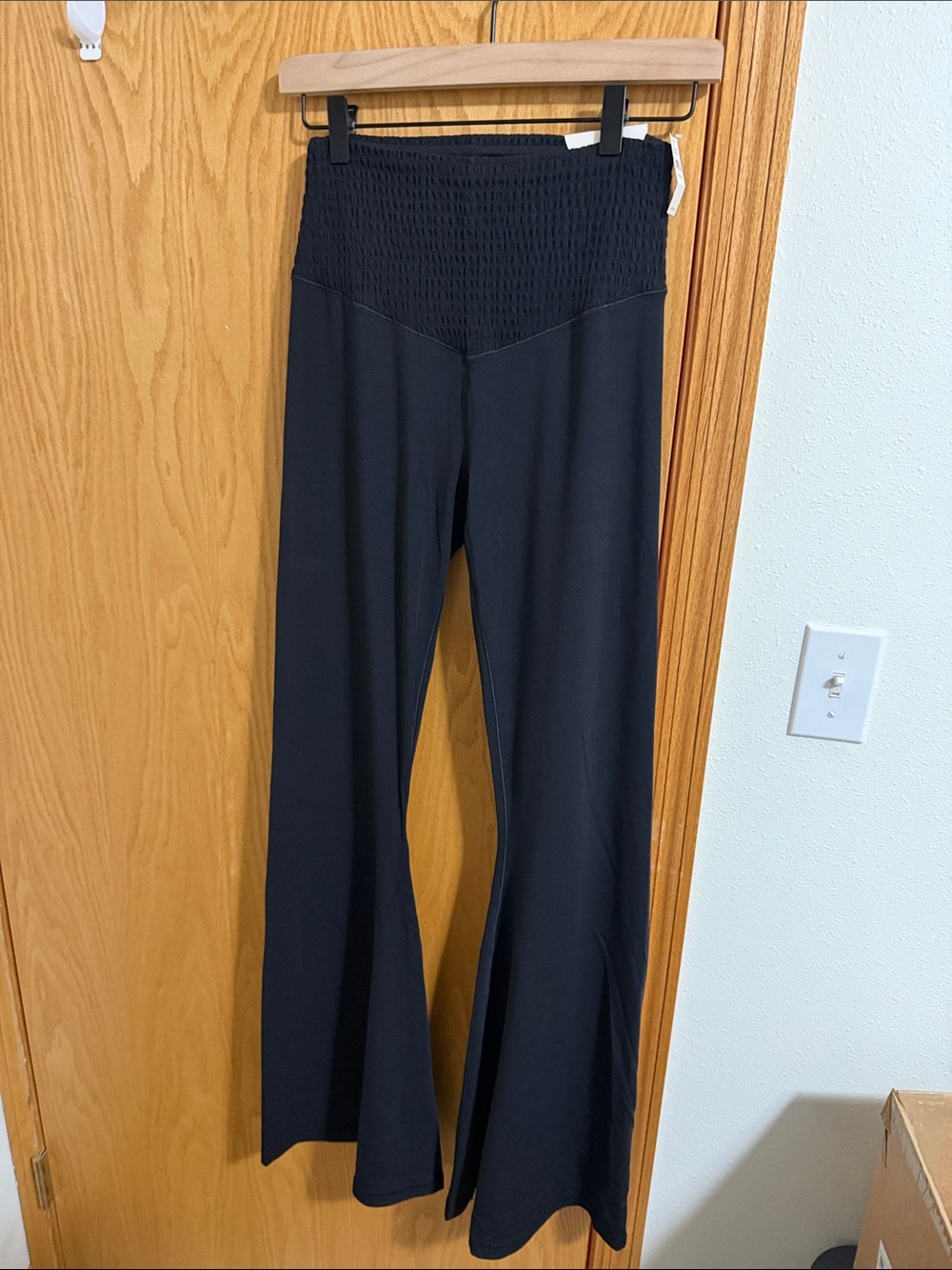 aerie (Long Length) Black High-Rise Flare Smocked Waist Pants